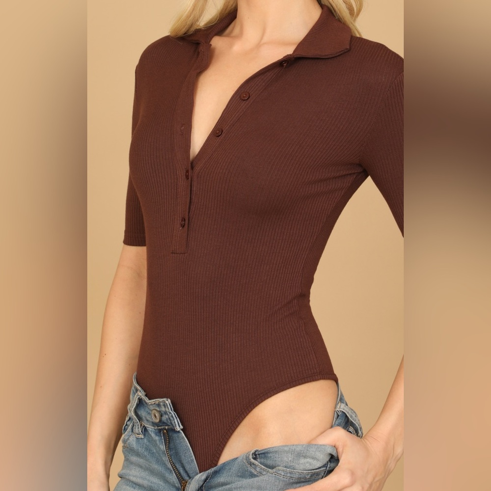 Brown Ribbed Button-Up Bodysuit - Picture 13 of 13